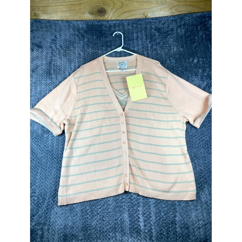 Stitches In Time Ribbed Cardigan Sweater Womens 3X Peach Striped Button Front